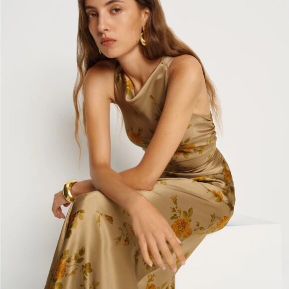 NEW Reformation Anaiis Silk Long Dress Poet Brown Tan Floral | US 4 UK 8 - Picture 11 of 13